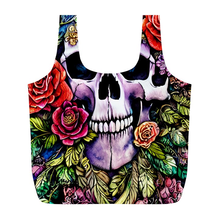 Sugar Skull With Flowers - Day Of The Dead Full Print Recycle Bag (L)