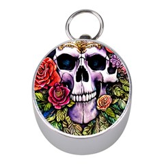 Sugar Skull With Flowers - Day Of The Dead Mini Silver Compasses by GardenOfOphir