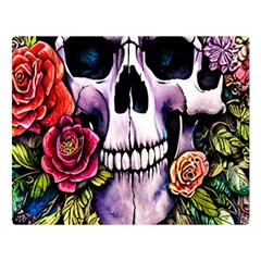 Sugar Skull With Flowers - Day Of The Dead Two Sides Premium Plush Fleece Blanket (large) by GardenOfOphir