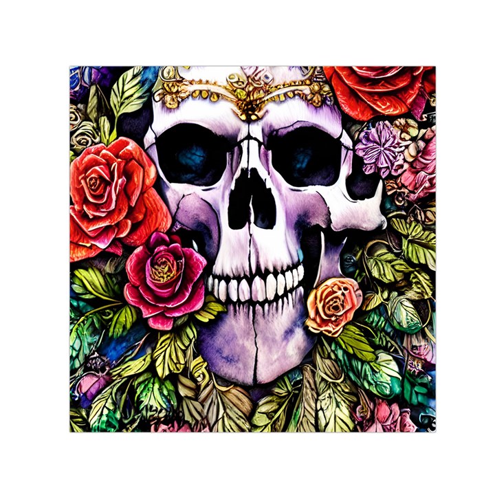 Sugar Skull With Flowers - Day Of The Dead Square Satin Scarf (30  x 30 )