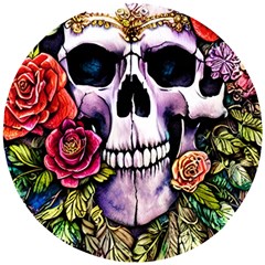 Sugar Skull With Flowers - Day Of The Dead Wooden Puzzle Round by GardenOfOphir