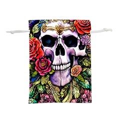 Sugar Skull With Flowers - Day Of The Dead Lightweight Drawstring Pouch (l) by GardenOfOphir