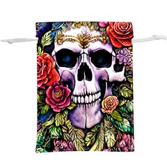 Sugar Skull With Flowers - Day Of The Dead Lightweight Drawstring Pouch (xl) by GardenOfOphir