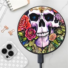 Sugar Skull With Flowers - Day Of The Dead Wireless Fast Charger(black) by GardenOfOphir