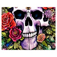 Sugar Skull With Flowers - Day Of The Dead Premium Plush Fleece Blanket (medium)