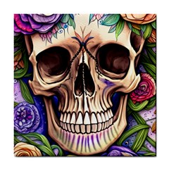 Retro Gothic Skull With Flowers - Cute And Creepy Tile Coaster by GardenOfOphir