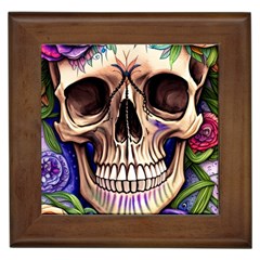 Retro Gothic Skull With Flowers - Cute And Creepy Framed Tile by GardenOfOphir