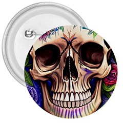 Retro Gothic Skull With Flowers - Cute And Creepy 3  Buttons by GardenOfOphir