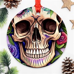 Retro Gothic Skull With Flowers - Cute And Creepy Ornament (round) by GardenOfOphir