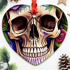 Retro Gothic Skull With Flowers - Cute And Creepy Ornament (heart)