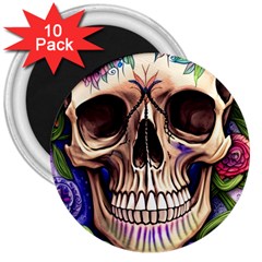 Retro Gothic Skull With Flowers - Cute And Creepy 3  Magnets (10 Pack)  by GardenOfOphir