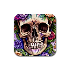 Retro Gothic Skull With Flowers - Cute And Creepy Rubber Coaster (square) by GardenOfOphir