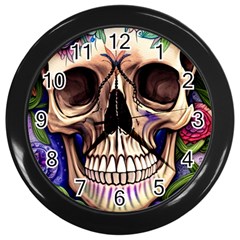 Retro Gothic Skull With Flowers - Cute And Creepy Wall Clock (black) by GardenOfOphir