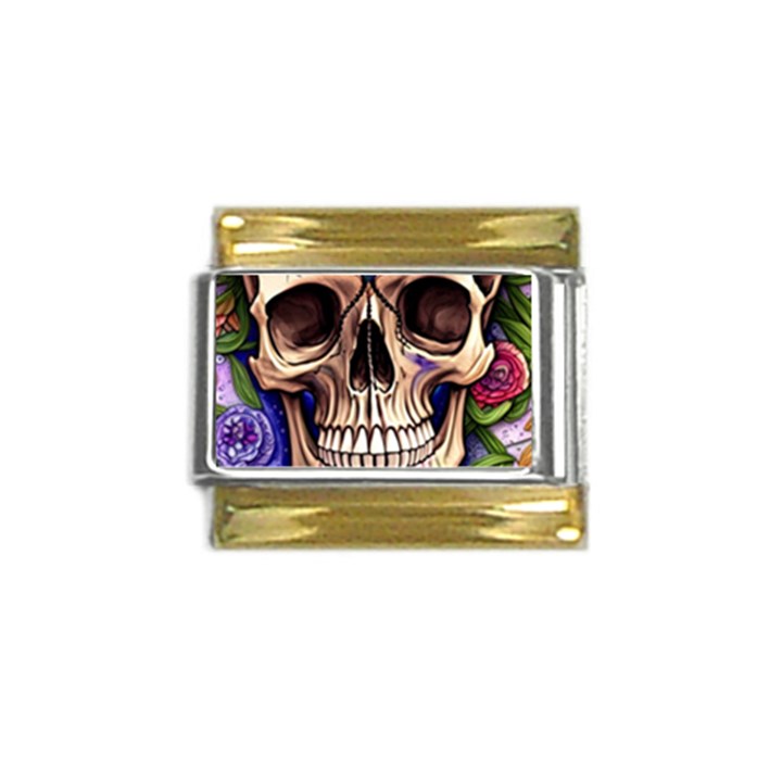 Retro Gothic Skull With Flowers - Cute And Creepy Gold Trim Italian Charm (9mm)