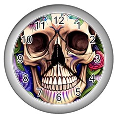 Retro Gothic Skull With Flowers - Cute And Creepy Wall Clock (silver) by GardenOfOphir