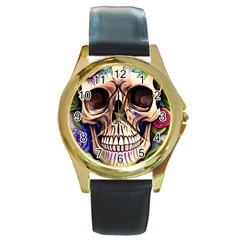 Retro Gothic Skull With Flowers - Cute And Creepy Round Gold Metal Watch by GardenOfOphir