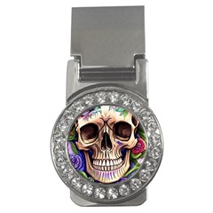 Retro Gothic Skull With Flowers - Cute And Creepy Money Clips (cz)  by GardenOfOphir