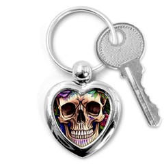 Retro Gothic Skull With Flowers - Cute And Creepy Key Chain (heart) by GardenOfOphir