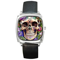 Retro Gothic Skull With Flowers - Cute And Creepy Square Metal Watch by GardenOfOphir