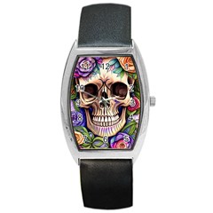 Retro Gothic Skull With Flowers - Cute And Creepy Barrel Style Metal Watch by GardenOfOphir