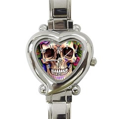 Retro Gothic Skull With Flowers - Cute And Creepy Heart Italian Charm Watch by GardenOfOphir