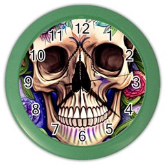 Retro Gothic Skull With Flowers - Cute And Creepy Color Wall Clock by GardenOfOphir