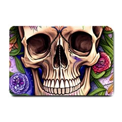 Retro Gothic Skull With Flowers - Cute And Creepy Small Doormat by GardenOfOphir