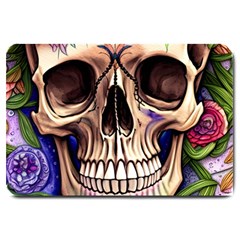 Retro Gothic Skull With Flowers - Cute And Creepy Large Doormat by GardenOfOphir