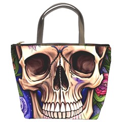 Retro Gothic Skull With Flowers - Cute And Creepy Bucket Bag by GardenOfOphir