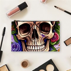 Retro Gothic Skull With Flowers - Cute And Creepy Cosmetic Bag (medium)