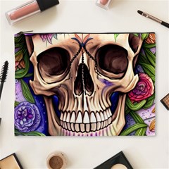 Retro Gothic Skull With Flowers - Cute And Creepy Cosmetic Bag (xl) by GardenOfOphir