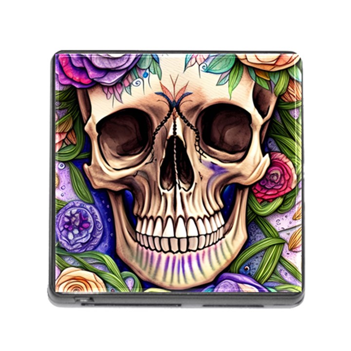 Retro Gothic Skull With Flowers - Cute And Creepy Memory Card Reader (Square 5 Slot)