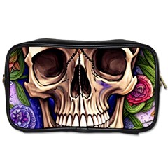 Retro Gothic Skull With Flowers - Cute And Creepy Toiletries Bag (two Sides) by GardenOfOphir