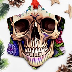 Retro Gothic Skull With Flowers - Cute And Creepy Snowflake Ornament (two Sides) by GardenOfOphir