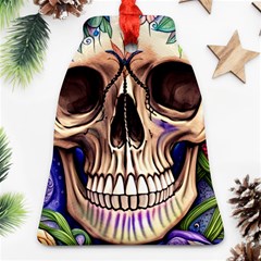 Retro Gothic Skull With Flowers - Cute And Creepy Bell Ornament (two Sides)