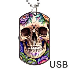 Retro Gothic Skull With Flowers - Cute And Creepy Dog Tag Usb Flash (one Side) by GardenOfOphir