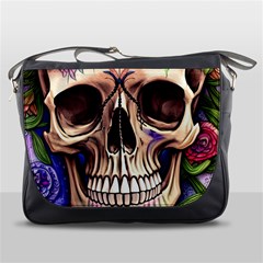 Retro Gothic Skull With Flowers - Cute And Creepy Messenger Bag by GardenOfOphir