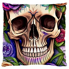 Retro Gothic Skull With Flowers - Cute And Creepy Large Cushion Case (two Sides) by GardenOfOphir