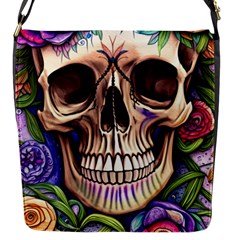 Retro Gothic Skull With Flowers - Cute And Creepy Flap Closure Messenger Bag (s) by GardenOfOphir