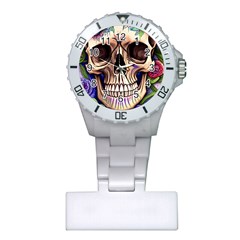 Retro Gothic Skull With Flowers - Cute And Creepy Plastic Nurses Watch by GardenOfOphir