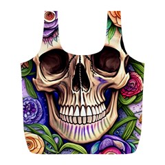 Retro Gothic Skull With Flowers - Cute And Creepy Full Print Recycle Bag (l) by GardenOfOphir