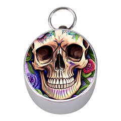 Retro Gothic Skull With Flowers - Cute And Creepy Mini Silver Compasses by GardenOfOphir