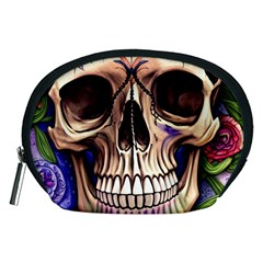 Retro Gothic Skull With Flowers - Cute And Creepy Accessory Pouch (medium) by GardenOfOphir