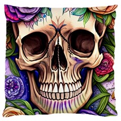 Retro Gothic Skull With Flowers - Cute And Creepy Large Premium Plush Fleece Cushion Case (two Sides) by GardenOfOphir