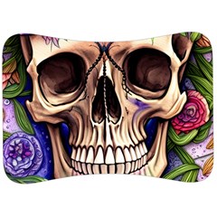 Retro Gothic Skull With Flowers - Cute And Creepy Velour Seat Head Rest Cushion by GardenOfOphir