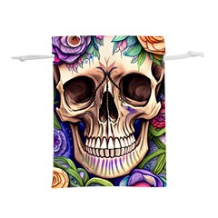 Retro Gothic Skull With Flowers - Cute And Creepy Lightweight Drawstring Pouch (m) by GardenOfOphir