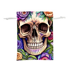 Retro Gothic Skull With Flowers - Cute And Creepy Lightweight Drawstring Pouch (l) by GardenOfOphir