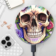 Retro Gothic Skull With Flowers - Cute And Creepy Wireless Fast Charger(white) by GardenOfOphir