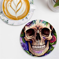 Retro Gothic Skull With Flowers - Cute And Creepy Uv Print Round Tile Coaster by GardenOfOphir