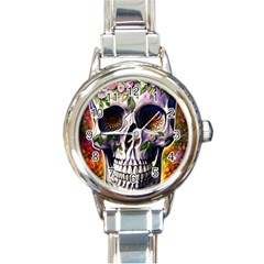 Cute Sugar Skull With Flowers - Day Of The Dead Round Italian Charm Watch by GardenOfOphir